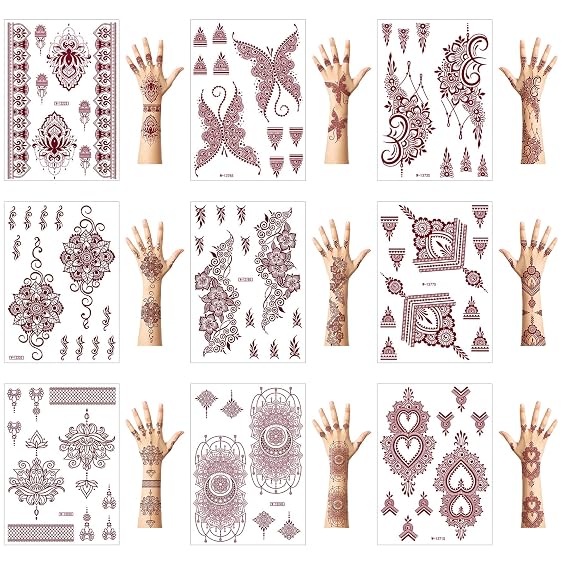 10 Sheets Henna Temporary Tattoo, Semi Permanent Tattoo Stickers