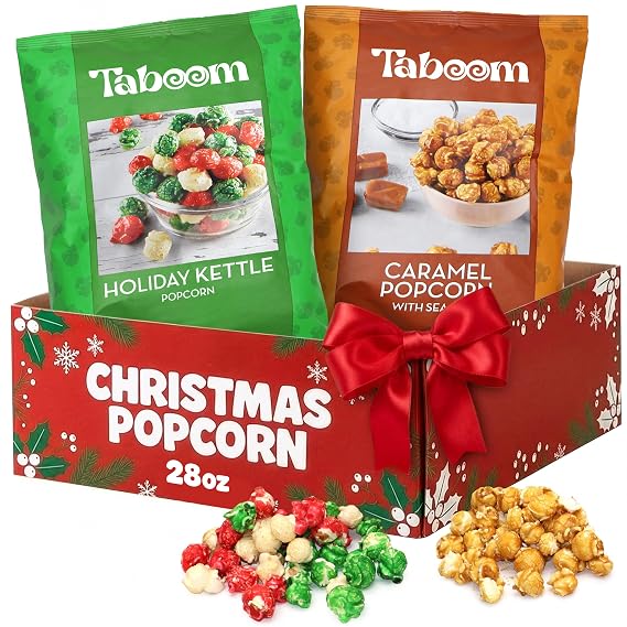 Bulk Gourmet Kettle Popcorn Candy Coated & Caramel with Sea Salt Christmas Gift Box - 2 Bag Holiday Popcorn Variety Pack (28 oz Total) Sweet & Salty Christmas Snacks for Movie Nights & Treats