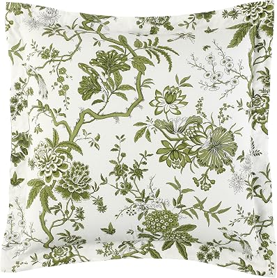 Ballard Designs - Jardin Toile Luxury Sham Pillow Cover Elegant French Garden Motif in Muted Sage, 100% Cotton Percale with Tailored Flange, Premium Bedding Accent EUR, 26 W x 26 L
