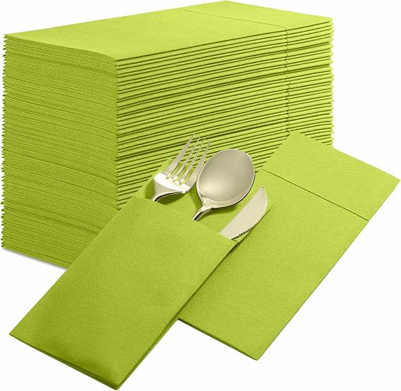 Disposable Linen-Feel Dinner Napkins With Flatware Pocket, 50-Count, Kiwi