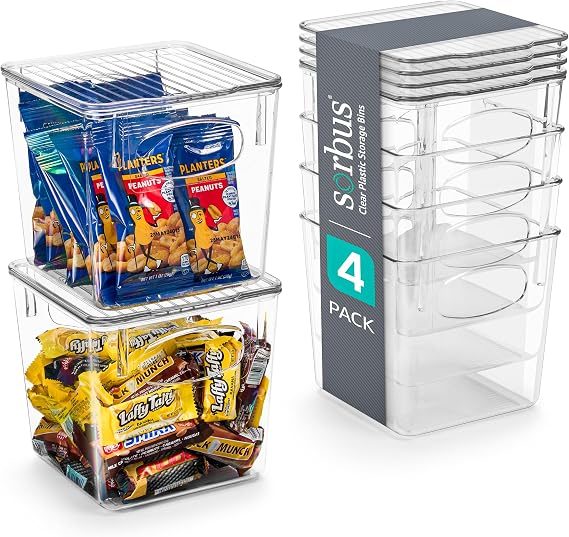 Sorbus Small Plastic Storage Bins (4 Pack) Clear Bins for Kitchen, Pantry, Fridge, Cabinet, and Refrigerator Stackable Storage Containers for Home Organization