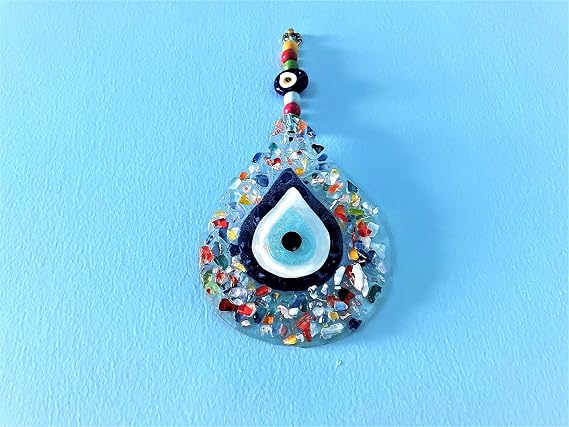 SIMA DOUBLE Blue Evil Eye Beaded Cut Colored Glass Patterned Drop Wall Ornament Evil Eye