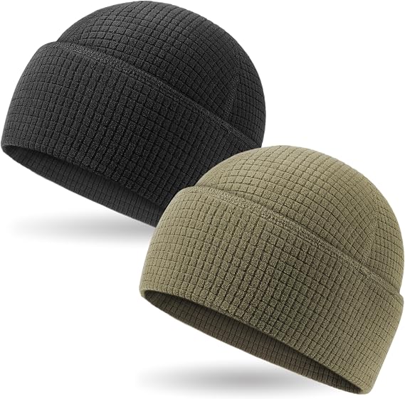 Outdoor Shaping 2 Pack Grid Fleece, Cuffed Beanie Watch Cap Waffle, Tactical Army Military Hat Multi-Season, Warm Lightweight Skull Cap, All-Weather Outdoor Gear