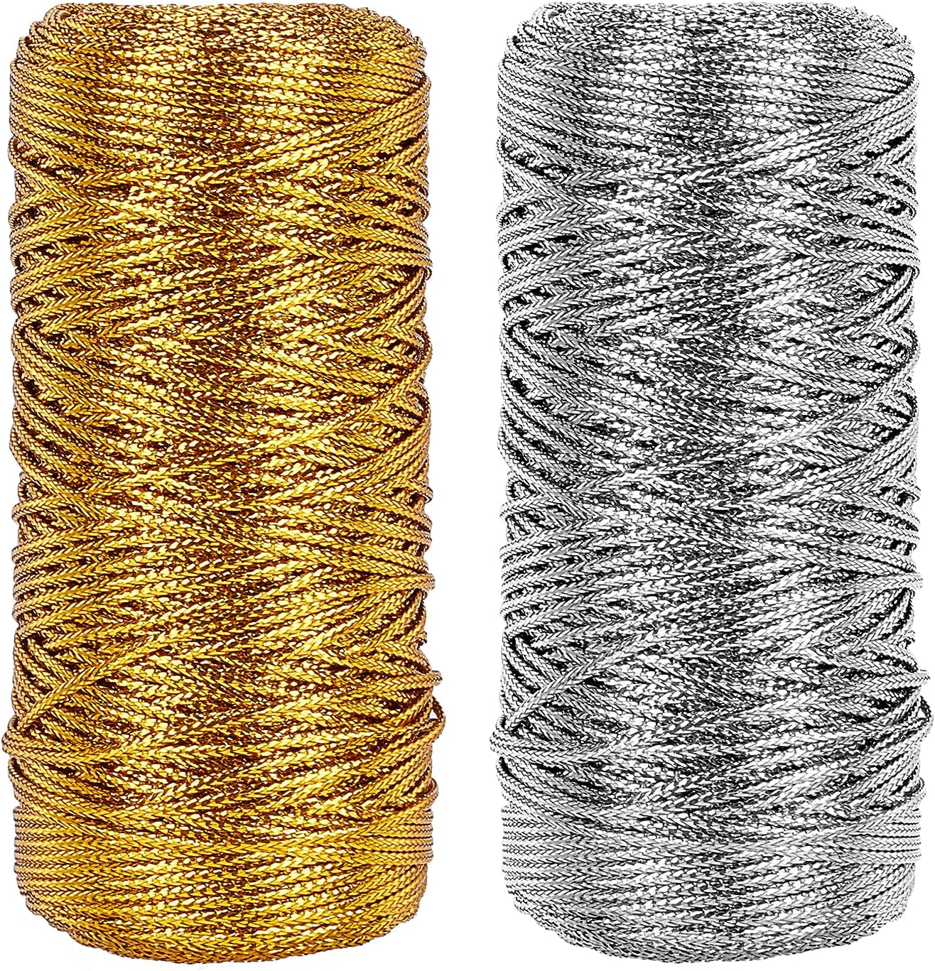 PH PandaHall 218 Yard Metallic Thread Cord, 1.5mm Gold and Silver Tinsel String Non-Stretch Sparkle Thread Ribbon Wrap Thread Tag Cord Braids Hair Cords for Hanging Tree Wrapping Gifts
