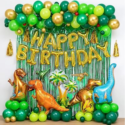 Dinosaur Birthday Party Decorations&Balloons Arch Garland KitGold,Green,Dinosaurs Balloons,HAPPY BIRTHDAY Balloons,Curtains,for Dino Themed Kids Party,Shower,Celebration.