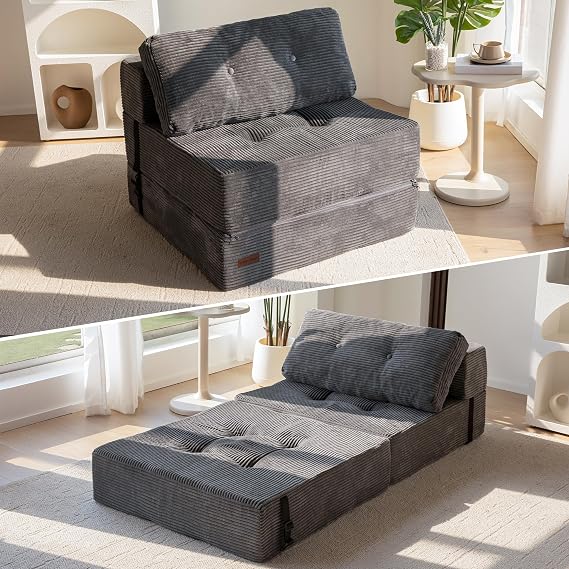 MAXYOYO Folding Sofa Bed, Convertible Chair Bed with Pillow | Portable 4 in 1 Fold Out Chair to Floor Bed, Versatile Floor Sofa Couch for Living Room Bedroom, Dark Grey, Single