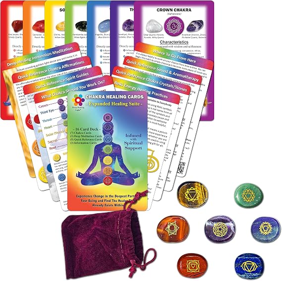 Deck of Chakra Healing Cards with Engraved Stones Bundle - Chakras Chart, Polished Chakra Stones, Stone ID Cards for Meditation, Reiki and Relaxation