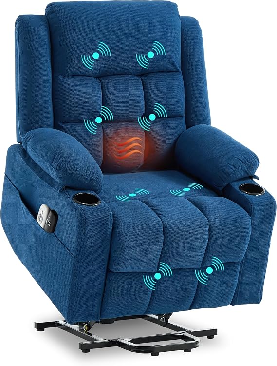 Electric Power Lift Recliner Chair Sofa with Massage and Heat for Elderly, USB and Type-C Ports, Cup Holders, Infinite Position (NV Blue, Regular)