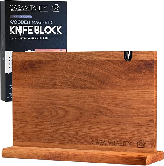 Acacia Wood Magnetic Knife Holder 14x10" Double-Sided Knife Holder with Strong Magnet & Built-In Sharpener Space-Saving Magnetic Knife Block Gift for Home Kitchens & Cooking Lovers