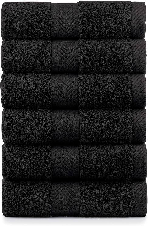 BY LORA Hand Towel Set of 6, 100% Ring-Spun Terry Cotton, Mid-Weight Quick-Drying, Black