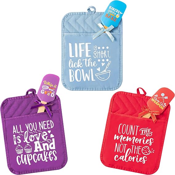 R HORSE 6Pcs Funny Baking Theme Pot Holders Silicone Spatula Gift Set Thank You and Teacher Appreciation Pot Holders Resistant Oven Mitts Baking Cooking Pocket Potholders for End of The Year Teacher