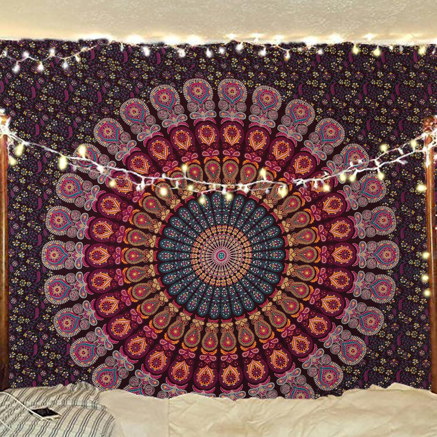 Bless International Handmade Indian hippie Bohemian Psychedelic Peacock Mandala Wall hanging College Dorm Beach Throws Table Cloth Bedding Tapestry Golden Pink Blue, King88x104Inches225x265Cms