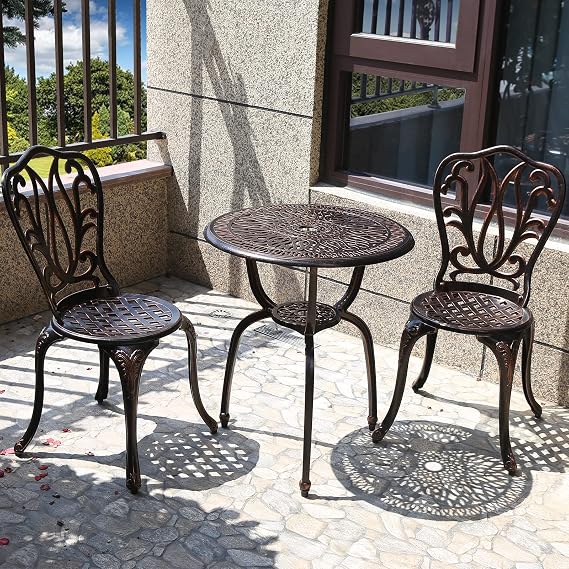 3 Piece Bistro Set,Outdoor Patio Set,Anti-Rust Cast Aluminum Bistro Table Set for Park Yard Front Porch Furniture(New Brown)...