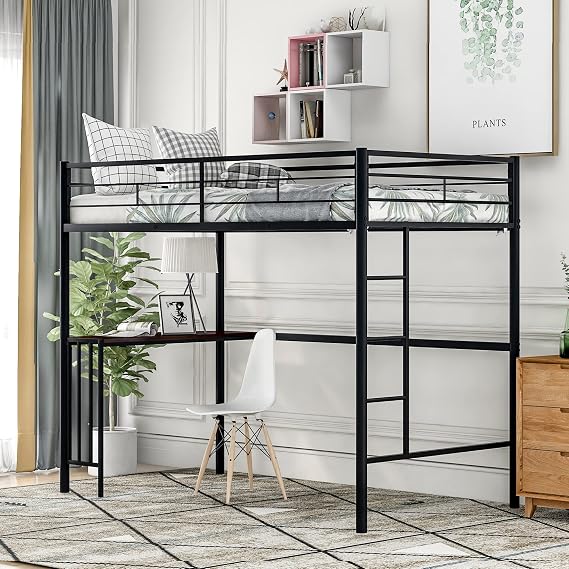 Twin Size Loft Bed with Desk,Twin Metal Bunk Bed with Desk, Ladder and Guardrails,Loft Bed for Bedroom,Space-Saving Design,No Box Spring Needed,Twin (Black)
