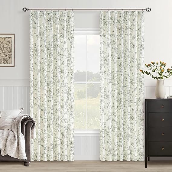 Olive Green Floral Linen Curtains Pinch Pleated for Living Room 84 Inches Long Peony Flower Printed Patterned Curtain Vintage Boho Farmhouse Country Light Filtering Pinch Pleat Drapes Bedroom Dining