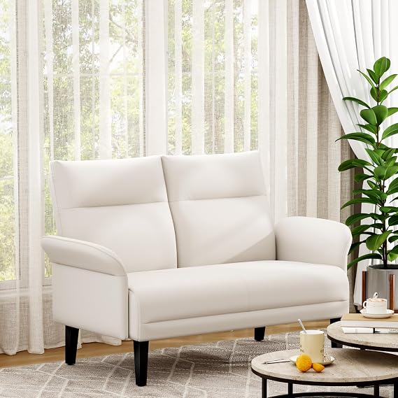 Yongchuang Small Couch 46" Faux Leather Loveseat Sofa Beige | Upholstered Love Seat for Living Room, Bedroom, Dorm, Thick Cushion, Solid Wood Legs, Curved Armrst, High Back Mini Couch