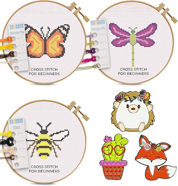 Kraftex Cross Stitch Kits: Stamped Cross Stitch Kits for Beginners [1 Embroidery Hoop] Simple Easy Beginner Cross Stitch Kits for Adults and Kids use as Needlepoint Kits for Beginners & Needle Minders