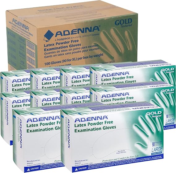 Adenna GOLD Disposable Latex Gloves 6 Mil, Powder Free Exam Glove, Textured Grip, Medical, Industrial Use, White