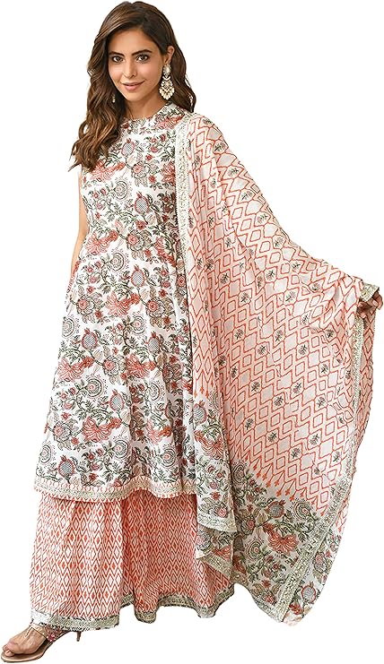 Janasya Indian Women's Cotton White Floral Print Festive Wear Kurta Set for Women