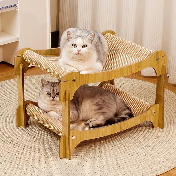 Sisal Cat Scratching Bunk Bed - Wooden Cat Scratch Board Post Double Layer for Indoor Large Medium Small Cats, Pet Scratcher Mat House with Sisal Pad Detachable for Multi Cats Sleep & Play