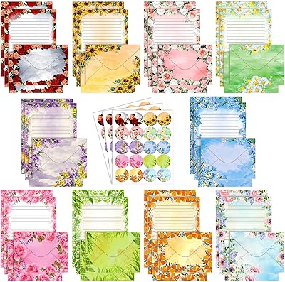 TaoBary 160 Pcs Stationery Paper Set 50 Double Sided Stationery Papers with 50 Matching Envelopes and 60 Round Dot Sticker, 10 DesignFlower,5.5 x 8.25 Inch