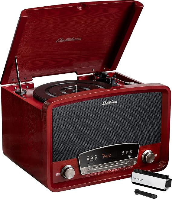 Electrohome Kingston 7-in-1 Vintage Vinyl Record Player - 3-Speed Turntable Bluetooth AM/FM Radio CD Aux in RCA/Headphone Out Vinyl/CD to MP3 Recording & USB Playback with Vinyl Record Cleaning Kit