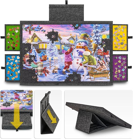 Tektalk Jigsaw Puzzle Table with Integrated Adjustable Stand/Bracket, 3-Tilting-Angle Puzzle Plateau with Cover & 4 Sorting Drawers, Super Lightweight Felt Puzzle Board, for Up to 1000 Pieces - Gray