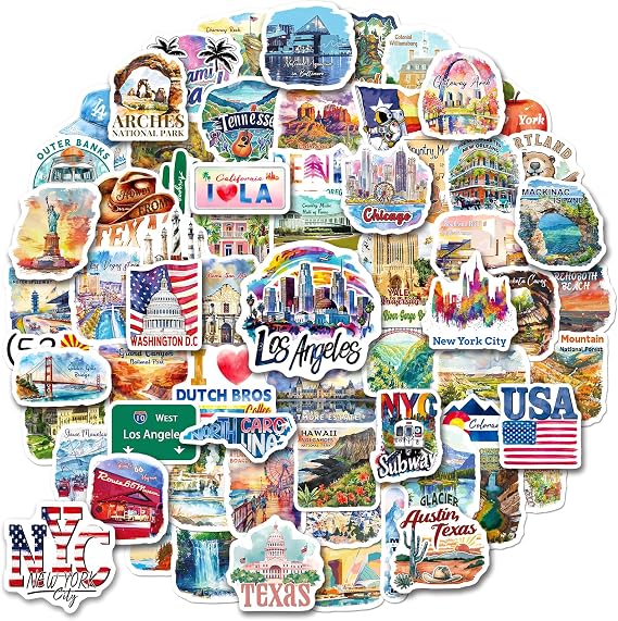100PCS USA Travel Stickers for Scrapbooks Water Bottles Luggage | Watercolor US Iconic Vinyl Sticker Pack for Laptop Journaling Suitcase, State, National Park, Landmark