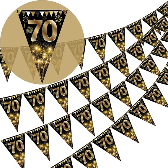Happy 70th Birthday Bunting Gold and Black Glitter Birthday Anniversary Party Decoration Supplies Triangle Flag Banner for Men Women 40 Pack