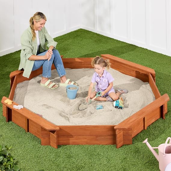 Best Choice Products Large Outdoor Octagon Wooden Sand Box for Kids, Sandbox with Cover, 4 Reinforced Benches Support up to 220 lbs Each, Bottom Liner for Drainage - Brown