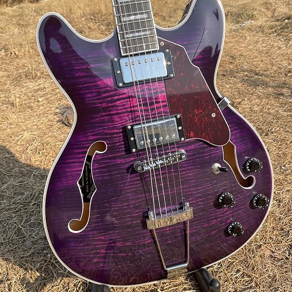 Semi-Hollow Electric Guitar, Purple Flame Maple Top, Double Cutaway Body