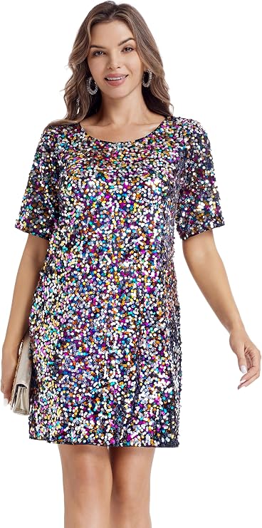 Women's Sequin Dress Crew Neck Sparkly Shift Dress Half Sleeve Party Club Cocktail Shirt Dresses