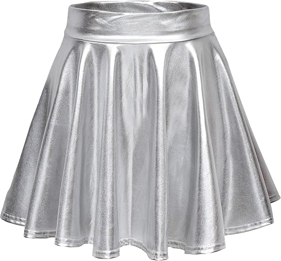 Women's Shiny Metallic Mini Skirt Elastic Waist Flared Pull-On Skater Skirts