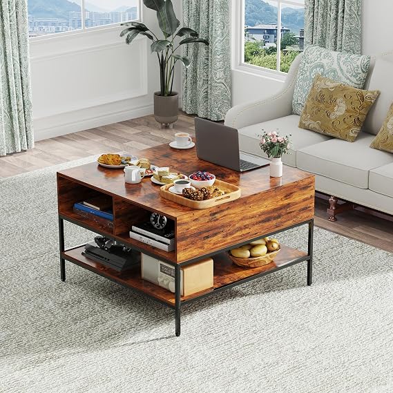 Lift-Top Coffee-Table with Storage - 31.5" Rectangular Dark Walnut Lift-Top Design Black Metal Frame Modern Living Room Table with Hidden Compartment Open Shelves for Family Office Small Spaces