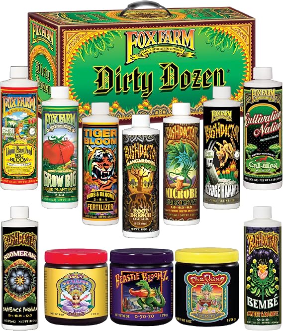 FoxFarm Dirty Dozen Liquids & Solubles Starter Pack - 3 Solubles (Open Sesame, Beastie Bloomz, Cha Ching) & 9 Pint Liquids (Big Bloom, Tiger Bloom, Grow Big & More) for Gardening Success