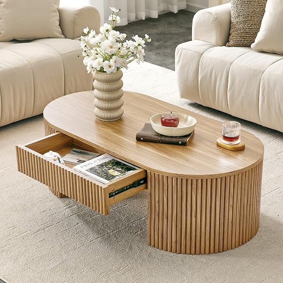 Oval Fluted Coffee Table with Storage for Living Room, Natural