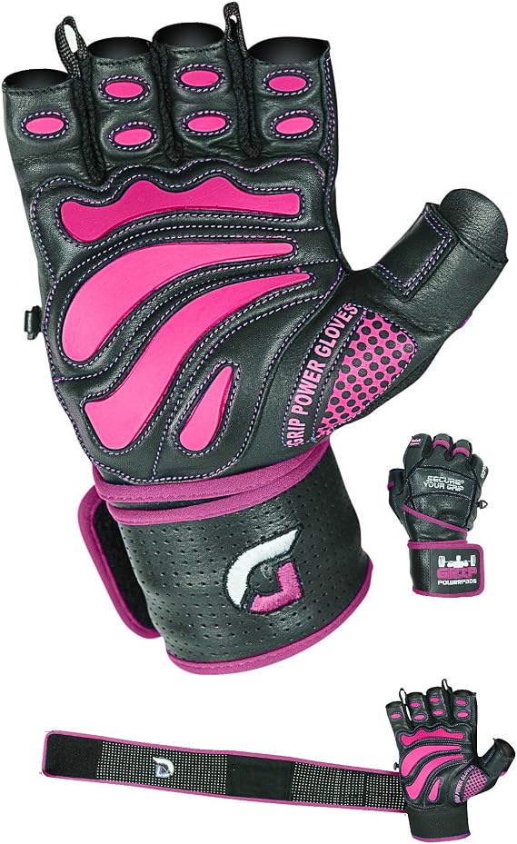 Grip Power Pads Leather Gym Gloves for Women Built-in 2" Wrist Wraps, Pink Weightlifting, Powerlifting, Bodybuilding Workout