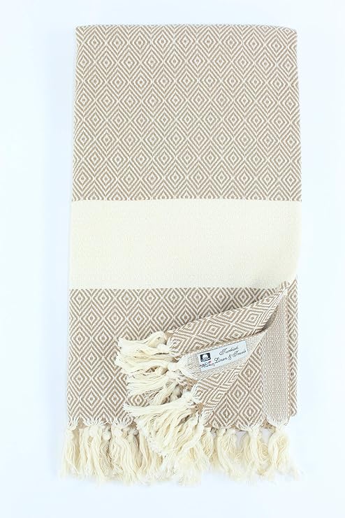 Diamond Turkish Towel Fouta Peshtemal Beach Bath Spa Yoga Hammam Gym Pool Towel Wrap Pareo Sarong Authentic 100% Turkish Cotton Light Brown