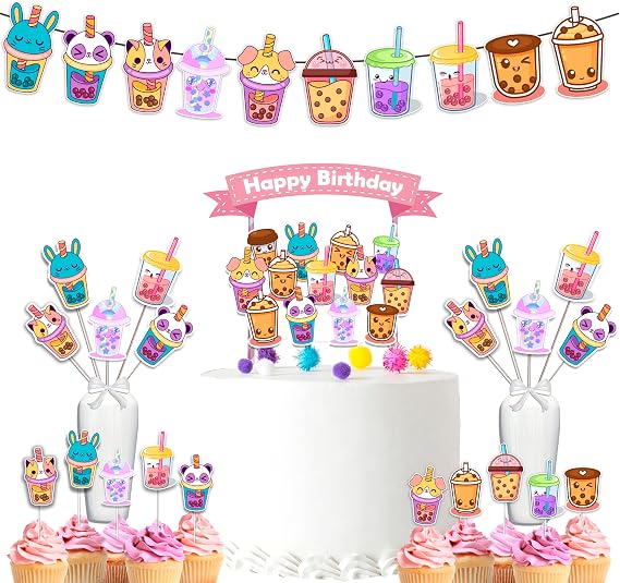 Boba Milk Tea Party Decorations Set Bubble Tea Birthday Supplies with Banner, Cupcake Toppers, Cake Topper & Centerpieces for Kids & Adults