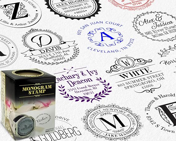 Round Monogram Address Stamp - Choose from Different Designs - Personalized Self Inking Rubber Stamp with Locking Bottom Cover