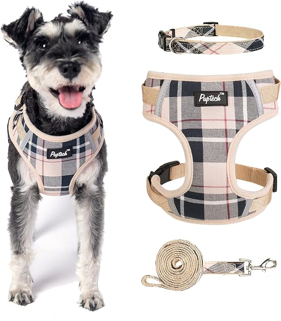 PUPTECK Small Dog Harness and Leash Set, No Pull Adjustable Puppy Cat Harness, Reflective Soft Mesh Pet Vest Small Sized, Beige Plaid, XS