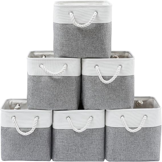 33 x 33 x 33 cm Cube Storage Boxes, 6 Pack Large Collapsible Fabric Storage Bin with Ropes, Foldable Cube Baskets for Kallax, Office,Closet, Clothes, Toys Organizer (White & Grey)