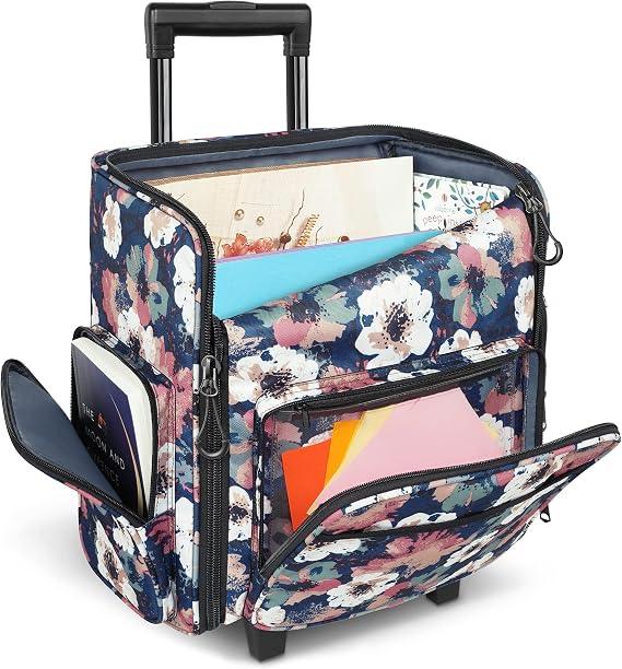 YOREPEK Large Rolling Craft Bag Wheels, Briefcase Gift for Crafter Teacher | Roller Scrapbook Tote, Water Resistant Scrapbooking Rolling Briefcase for Scrap Book Stickers Supplies and Tools, Floral