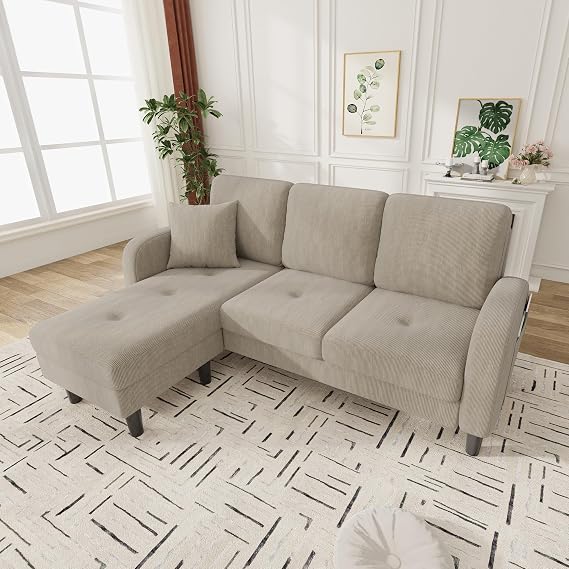 Merax L-Shaped Corner Sofa 166 x 118 x 77 cm 3-Seater Sofa with Chaise Longue Modular Living Room Sofa Made of Breathable Corduroy Fabric Comfortable Apartment and Office Sofa Light Brown
