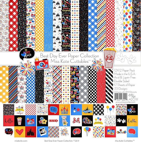 Pattern Paper Pack - Best Day Ever - for Disneyland Walt Disney World - 17 Double-Sided 12"x12" Collection Includes 34 Patterns - Scrapbooking Card Making Crafting - by Miss Kate Cuttables
