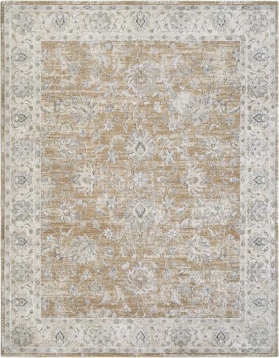Hauteloom Borah Living Room, Bedroom Area Rug - Floral Border Medallion Damask Distressed - Traditional Oriental Transitional Oushak Farmhouse - Light Brown, Cream, Medium Brown, Tan, Gray - 5' x 7'5"