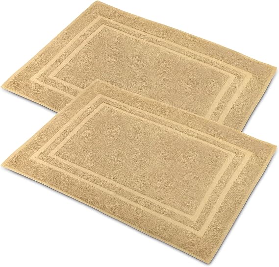 Bath Mat Floor Towel for Bathroom 22 x 32 Banded Rug - 100% Ring Spun Cotton Highly Absorbent Machine Washable 2 Pack Non Rubber Backing Mats Shower Spa Hotel (Beige)