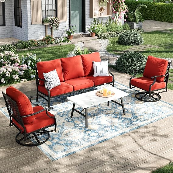 MIXPATIO 4-Piece Wrought Iron Patio Conversation Set, Swivel Chairs