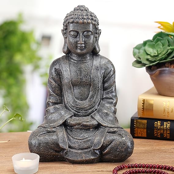 MyGift 11.5 Inch Sitting Buddha Statue, Gray Resin Meditation Figurine for Zen, Yoga, Prayer, Altar, Garden, or Spiritual Home Decor