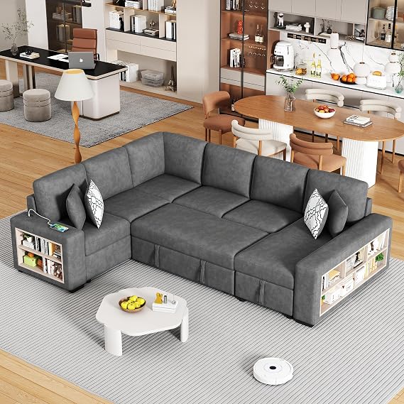 Convertible Sleeper Sectional Sofa With Pull-Out Bed And Chaise Lounge & 4 Back Pillows, Armrest W/Usb Ports & Storage Rack, Corner 6 Person U-Shaped Couch For Living Room, Office, Apartment (Grey-g)